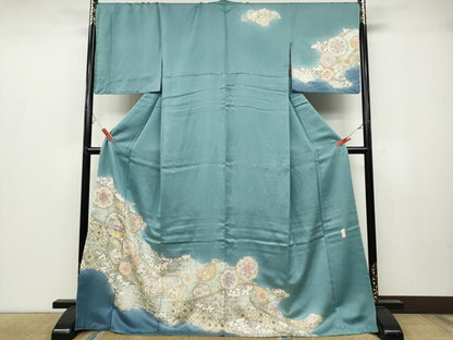 平和屋着物●伝統工芸士　更清　訪問着　駒刺繍　雲取り雪輪花蝶文　暈し染め　金彩　ロング丈　正絹　逸品　未使用　CABC2005ut