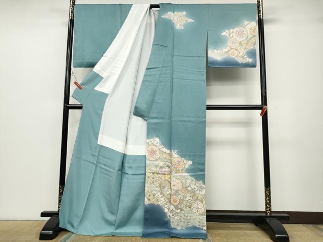 平和屋着物●伝統工芸士　更清　訪問着　駒刺繍　雲取り雪輪花蝶文　暈し染め　金彩　ロング丈　正絹　逸品　未使用　CABC2005ut