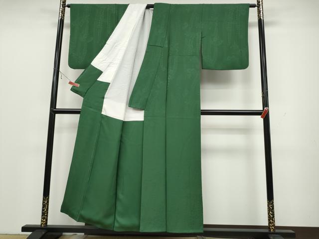 平和屋着物●上質な色無地　扇面花地紋　緑青色　正絹　逸品　CABC2012ut