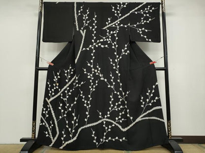 平和屋着物●訪問着　総絞り　枝葉文　黒地　正絹　逸品　CABC2014ut