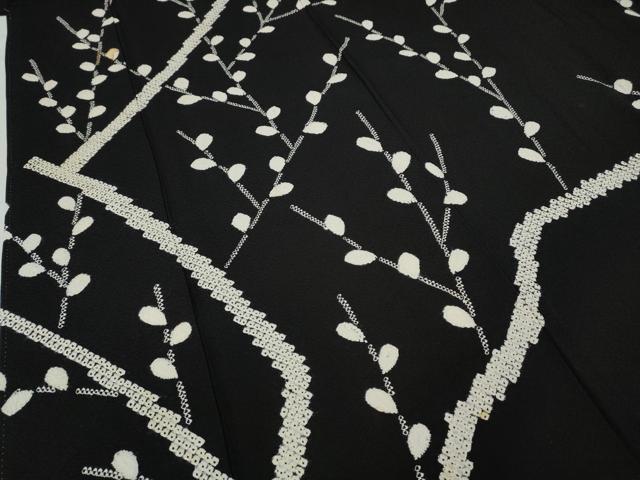 平和屋着物●訪問着　総絞り　枝葉文　黒地　正絹　逸品　CABC2014ut