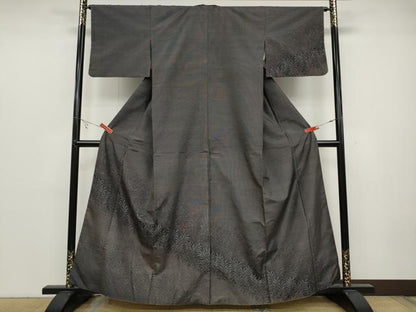 平和屋着物●訪問着　紬地　南天草葉文　シルエット　正絹　逸品　CABC2015ut