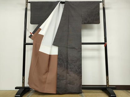 平和屋着物●訪問着　紬地　南天草葉文　シルエット　正絹　逸品　CABC2015ut