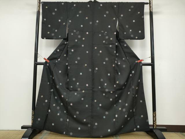 平和屋着物●小紋　雪花文　黒地　洗える着物　CABC2017ut