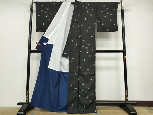 平和屋着物●小紋　雪花文　黒地　洗える着物　CABC2017ut