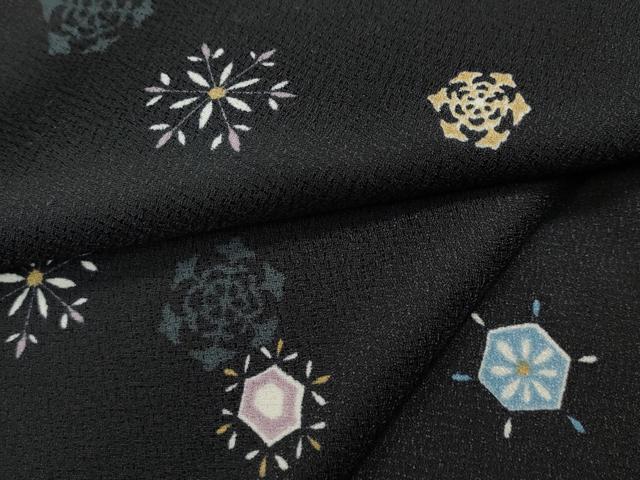 平和屋着物●小紋　雪花文　黒地　洗える着物　CABC2017ut