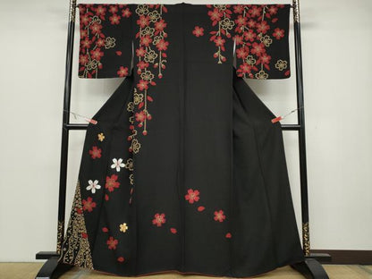 平和屋着物●訪問着　竹屋町刺繍　駒刺繍　舞桜文　黒地　金彩　正絹　逸品　CABC2022ut