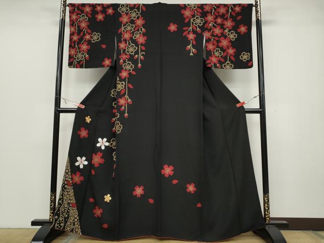 平和屋着物●訪問着　竹屋町刺繍　駒刺繍　舞桜文　黒地　金彩　正絹　逸品　CABC2022ut