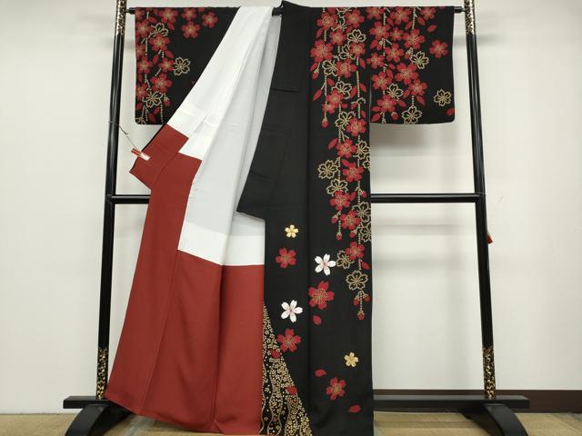 平和屋着物●訪問着　竹屋町刺繍　駒刺繍　舞桜文　黒地　金彩　正絹　逸品　CABC2022ut