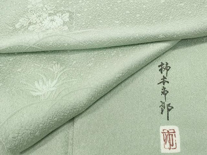 平和屋着物●本加賀友禅作家　柿本市郎監修　色無地　草花地紋　白緑色　やまと誂製　正絹　逸品　CABC2028ut