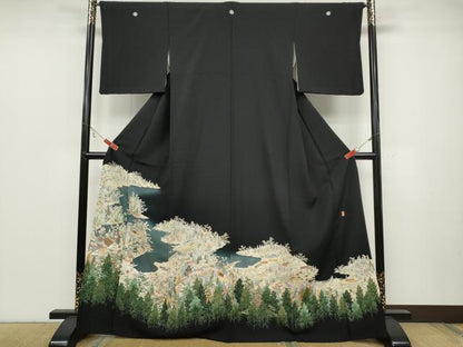 平和屋着物●本加賀友禅作家 柿本市郎 黒留袖 風景草花文 正絹 逸品 CABC2032ut