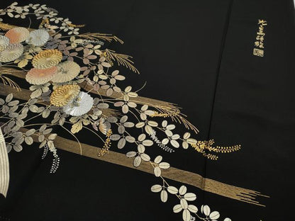 平和屋着物●金彩友禅 卓越技能者・名工・和田光正工房 黒留袖 光正髙蒔絵 籬草花文 金銀彩 正絹 逸品 CABC2033ut