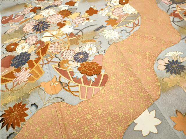 平和屋着物●豪華振袖 駒刺繍 麻の葉花籠文 金彩 正絹 逸品 CABC2039ut