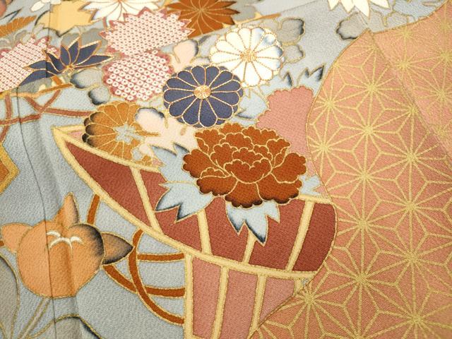 平和屋着物●豪華振袖 駒刺繍 麻の葉花籠文 金彩 正絹 逸品 CABC2039ut