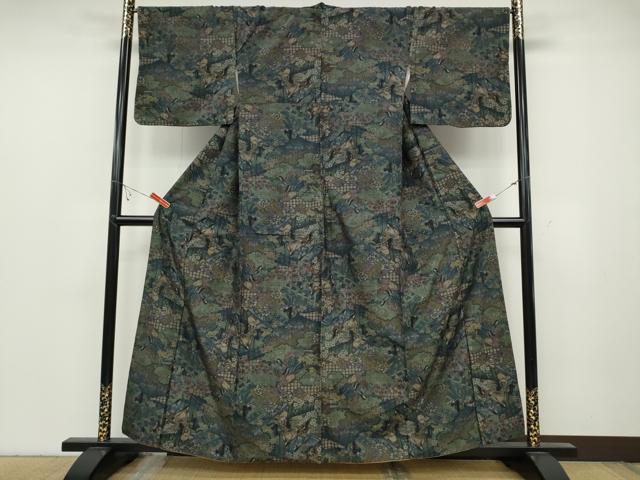 平和屋着物●小千谷紬 100亀甲 十二単 雲取り屏風花文 正絹 逸品 CABC2046ut