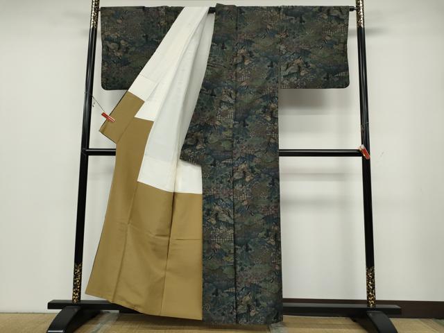 平和屋着物●小千谷紬 100亀甲 十二単 雲取り屏風花文 正絹 逸品 CABC2046ut