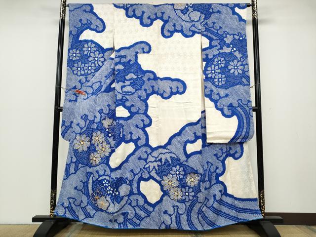平和屋着物●豪華振袖 総絞り 駒刺繍 立波草花文 正絹 逸品 CABC2047ut
