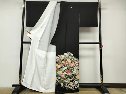平和屋着物●豪華黒留袖 友禅 作家物 草花文 正絹 逸品 未使用 CABC2072ut