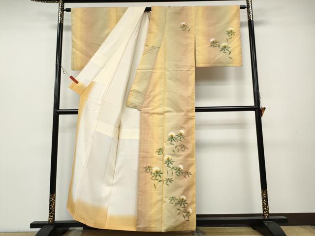 平和屋着物●訪問着 紬地 手描き 紅花 正絹 逸品 CABC2074ut