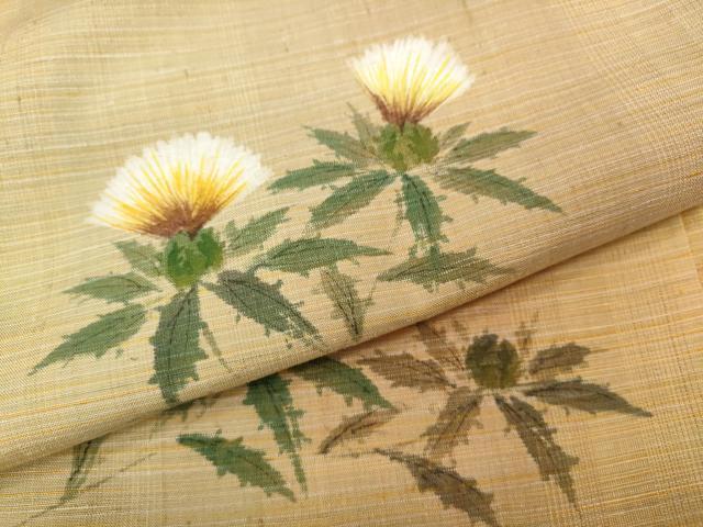 平和屋着物●訪問着 紬地 手描き 紅花 正絹 逸品 CABC2074ut