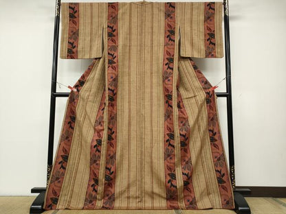 平和屋着物●上質な小紋 紬地 型染め 草花間道 ロング丈 正絹 逸品 CABC2075ut