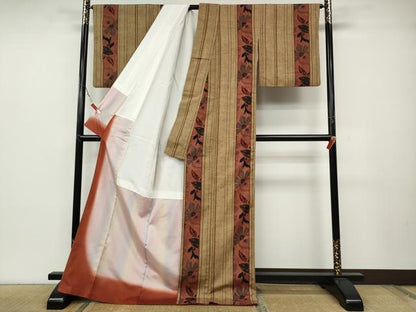 平和屋着物●上質な小紋 紬地 型染め 草花間道 ロング丈 正絹 逸品 CABC2075ut