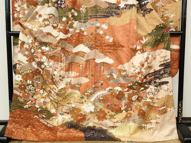 平和屋着物●豪華振袖　駒刺繍　御所車鴛鴦花文　金彩　正絹　逸品　CABC2081ut