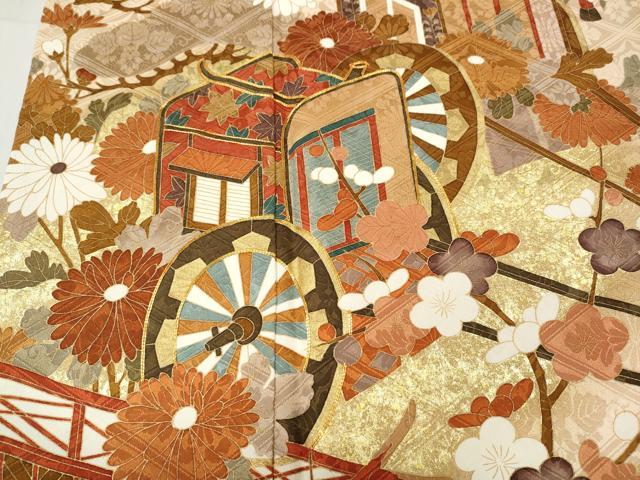 平和屋着物●豪華振袖　駒刺繍　御所車鴛鴦花文　金彩　正絹　逸品　CABC2081ut