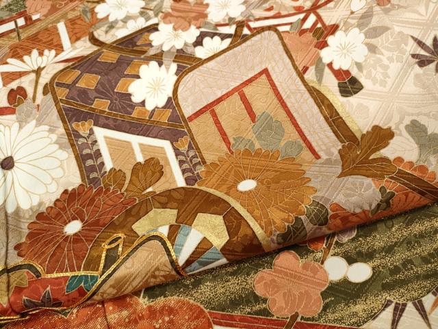 平和屋着物●豪華振袖　駒刺繍　御所車鴛鴦花文　金彩　正絹　逸品　CABC2081ut