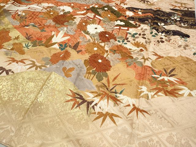 平和屋着物●豪華振袖　駒刺繍　御所車鴛鴦花文　金彩　正絹　逸品　CABC2081ut