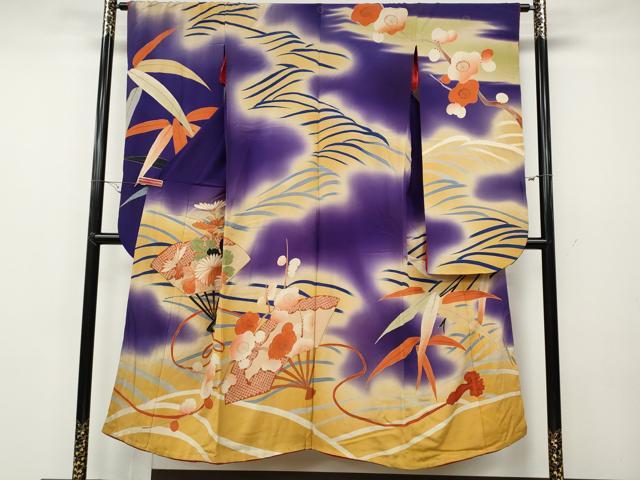平和屋着物●アンティーク 大正ロマン 振袖 扇面草花文 暈し染め 正絹 逸品 CABC2085ut