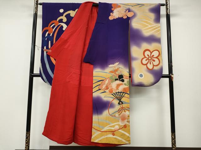 平和屋着物●アンティーク 大正ロマン 振袖 扇面草花文 暈し染め 正絹 逸品 CABC2085ut