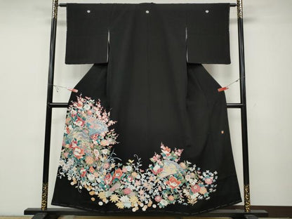 平和屋着物●豪華黒留袖 友禅 作家物 扇面風景草花文 正絹 逸品 未使用 CABC2086ut