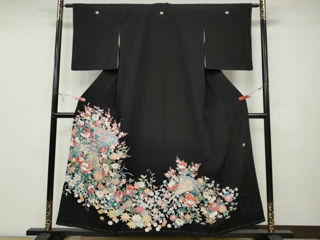 平和屋着物●豪華黒留袖 友禅 作家物 扇面風景草花文 正絹 逸品 未使用 CABC2086ut