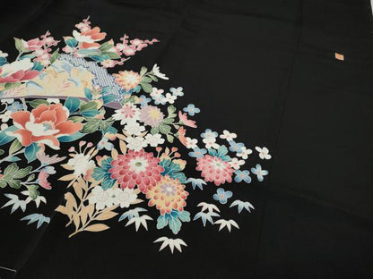 平和屋着物●豪華黒留袖 友禅 作家物 扇面風景草花文 正絹 逸品 未使用 CABC2086ut