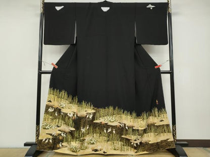 平和屋着物●松尾光琳 黒留袖 流水鷺草花文 金彩 正絹 逸品 未使用 CABC2092ut