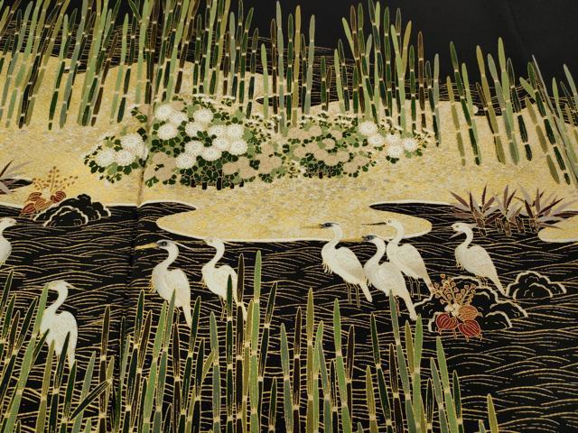 平和屋着物●松尾光琳 黒留袖 流水鷺草花文 金彩 正絹 逸品 未使用 CABC2092ut