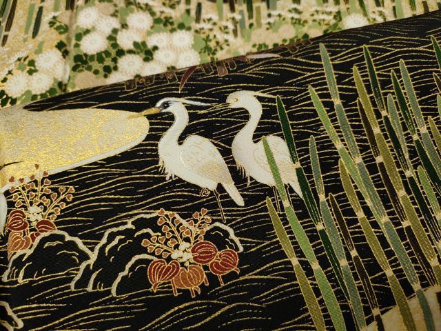 平和屋着物●松尾光琳 黒留袖 流水鷺草花文 金彩 正絹 逸品 未使用 CABC2092ut