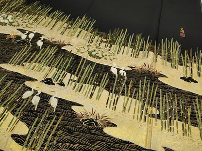 平和屋着物●松尾光琳 黒留袖 流水鷺草花文 金彩 正絹 逸品 未使用 CABC2092ut
