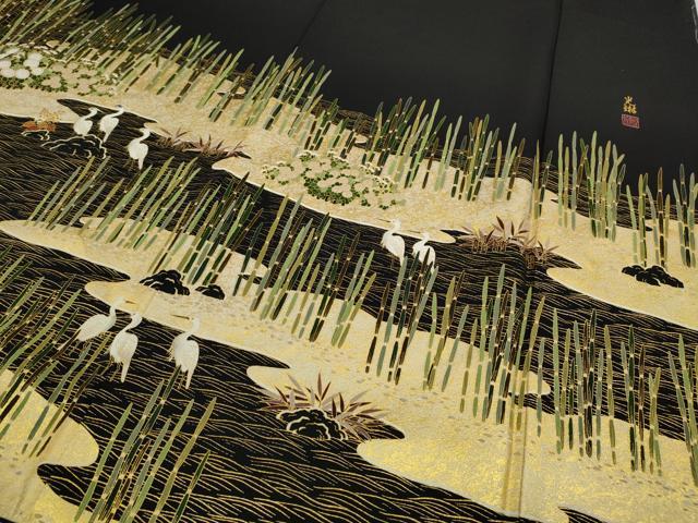 平和屋着物●松尾光琳 黒留袖 流水鷺草花文 金彩 正絹 逸品 未使用 CABC2092ut