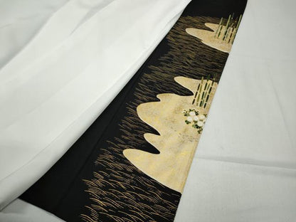 平和屋着物●松尾光琳 黒留袖 流水鷺草花文 金彩 正絹 逸品 未使用 CABC2092ut