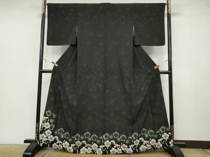 平和屋着物●訪問着 草花文 黒地 洗える着物 CABC2096ut