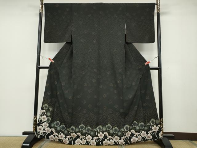 平和屋着物●訪問着 草花文 黒地 洗える着物 CABC2096ut
