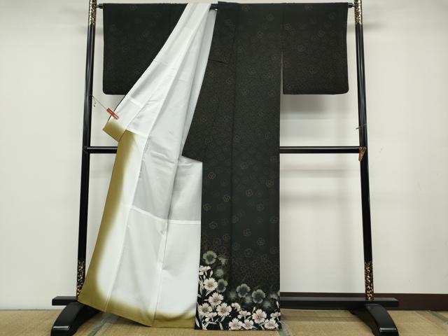 平和屋着物●訪問着 草花文 黒地 洗える着物 CABC2096ut