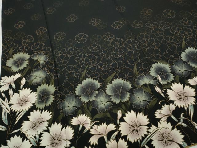平和屋着物●訪問着 草花文 黒地 洗える着物 CABC2096ut