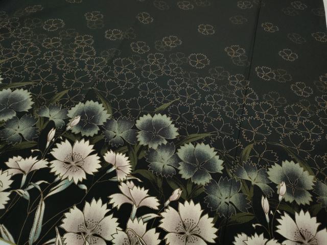 平和屋着物●訪問着 草花文 黒地 洗える着物 CABC2096ut