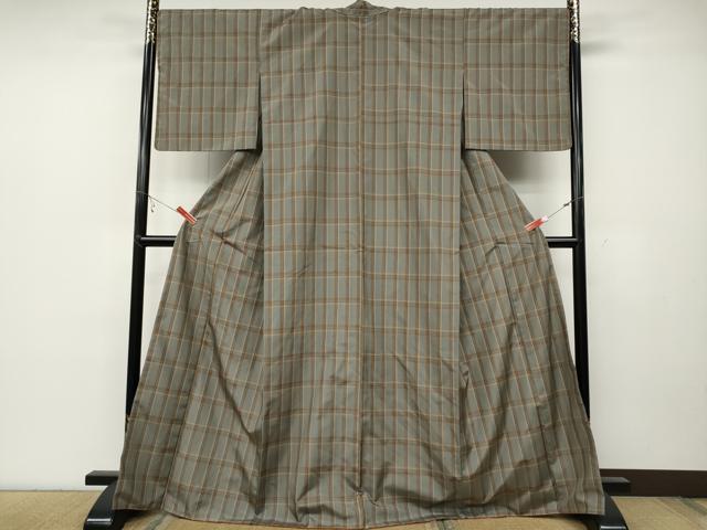 平和屋着物●上質な紬 格子柄 正絹 逸品 CABC2107ut