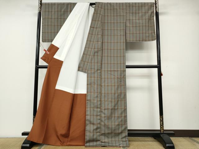 平和屋着物●上質な紬 格子柄 正絹 逸品 CABC2107ut