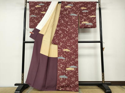 平和屋着物●訪問着 型染め 松花鳥文 鬼しぼ縮緬 正絹 逸品 CABC2108ut
