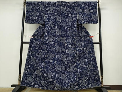 平和屋着物●上質な小紋 藍 型染め 瓢箪吉祥花文 木綿 逸品 CABC2148ut